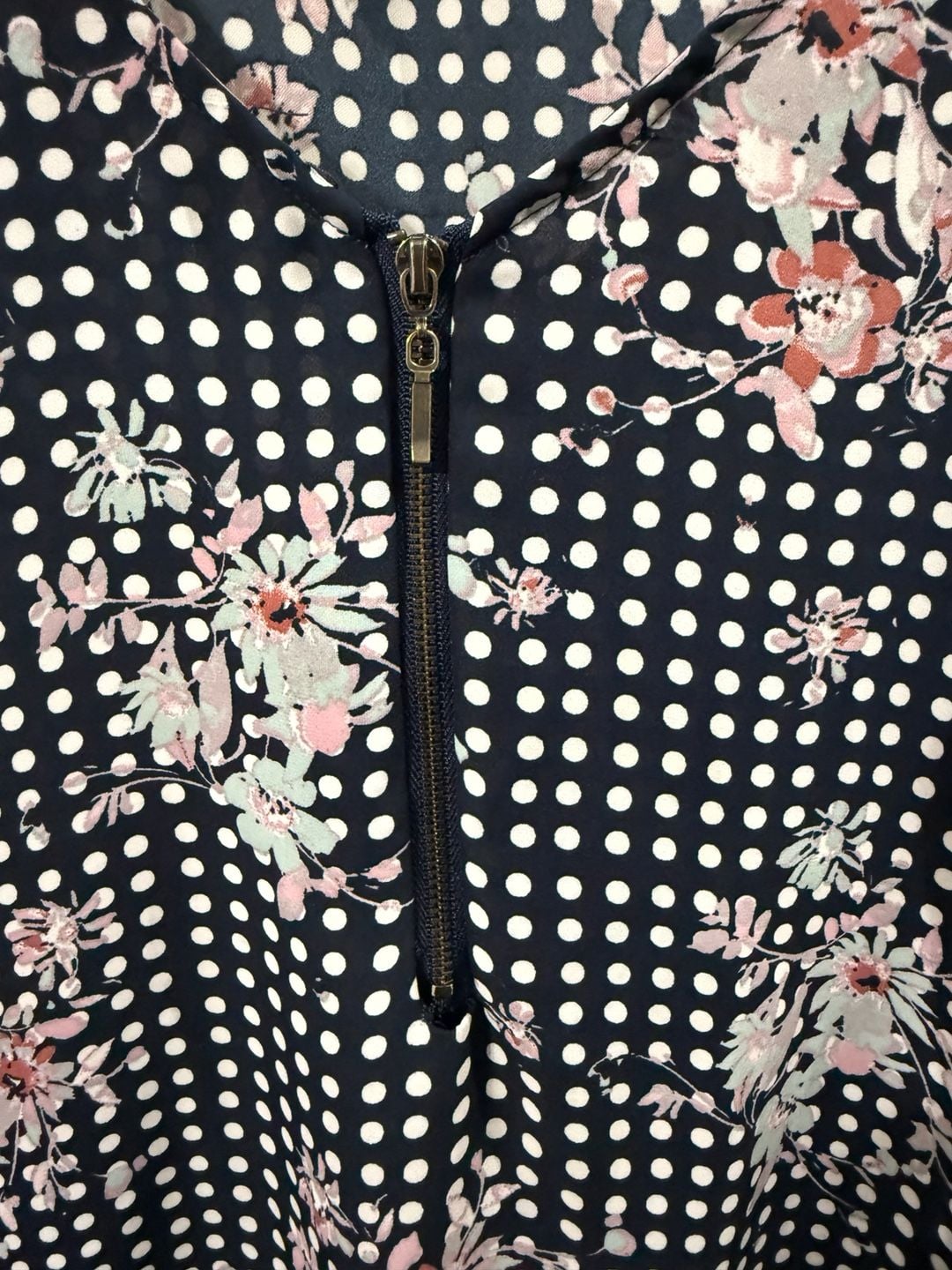 My Michelle Blouse Size M Navy Blue Polka Dot Floral Half Zip Short Sleeve 3