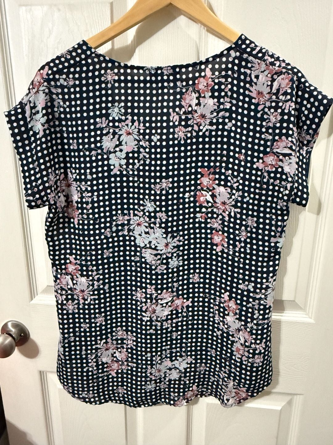 My Michelle Blouse Size M Navy Blue Polka Dot Floral Half Zip Short Sleeve 4