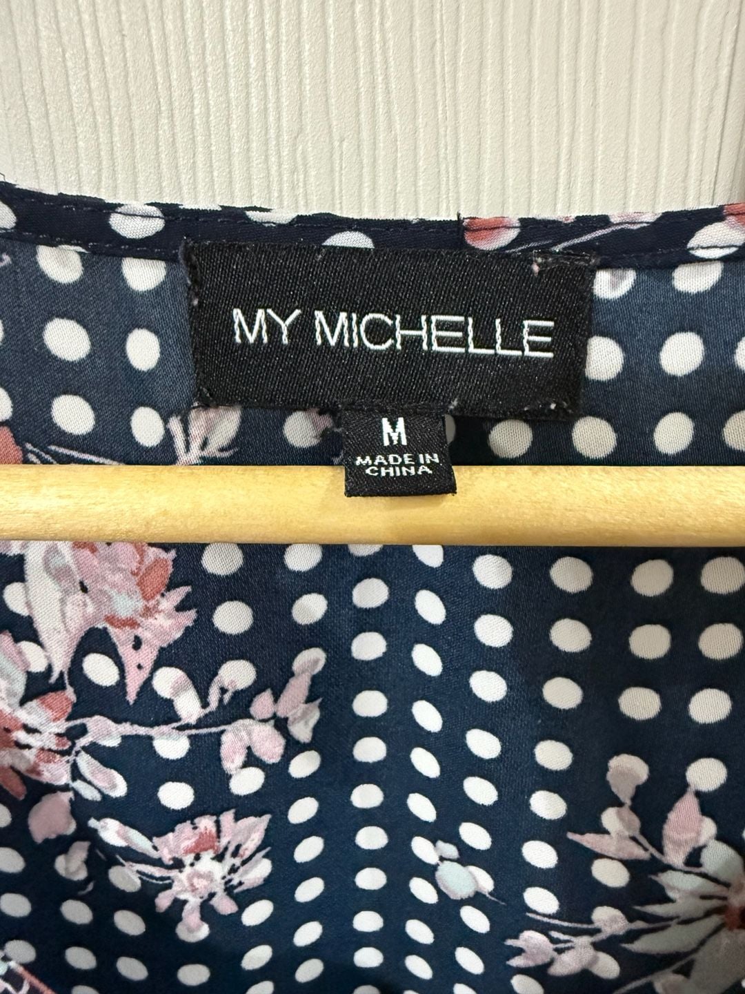 My Michelle Blouse Size M Navy Blue Polka Dot Floral Half Zip Short Sleeve 6