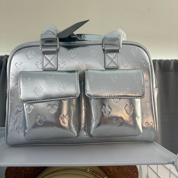 Loungefly Disney Mickey Minnie Metallic Silver Bowler Bag Purse