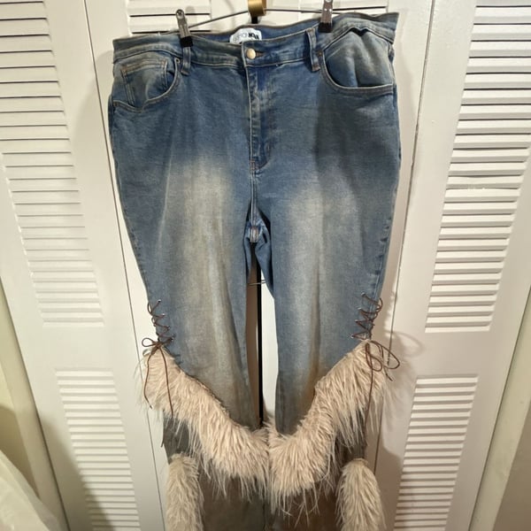 Current Mood Lace Up Faux Fur Bootcut Jeans - Medium Wash Y2K