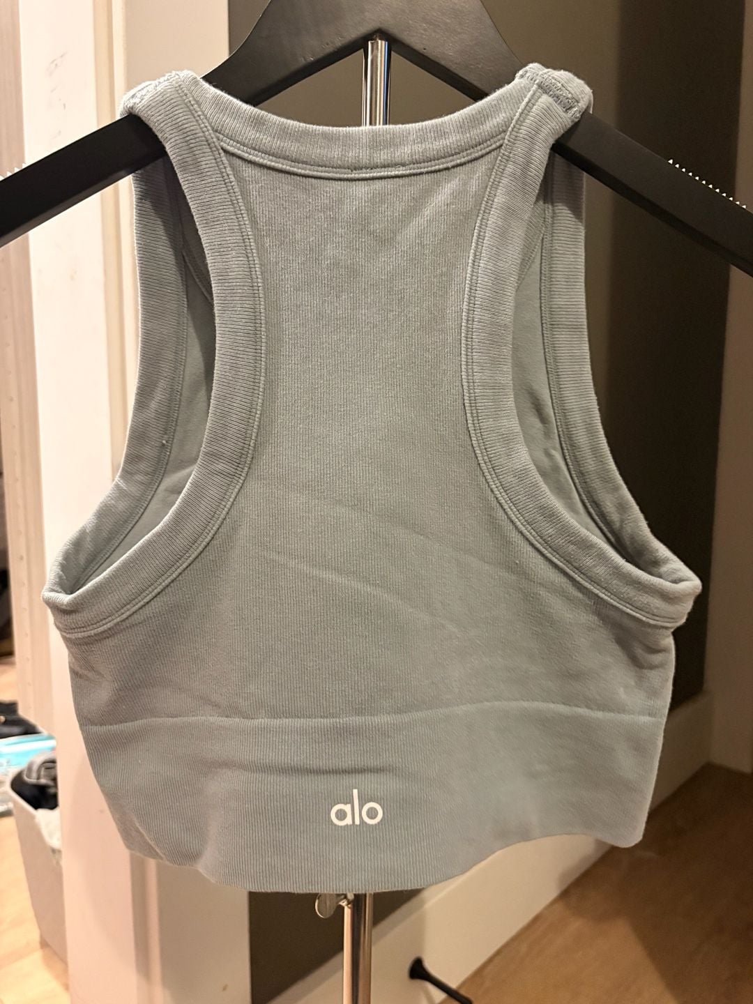 Alo Yoga Seamless Delight High Neck Bra Blue Ribbed Crop Top size medium 3