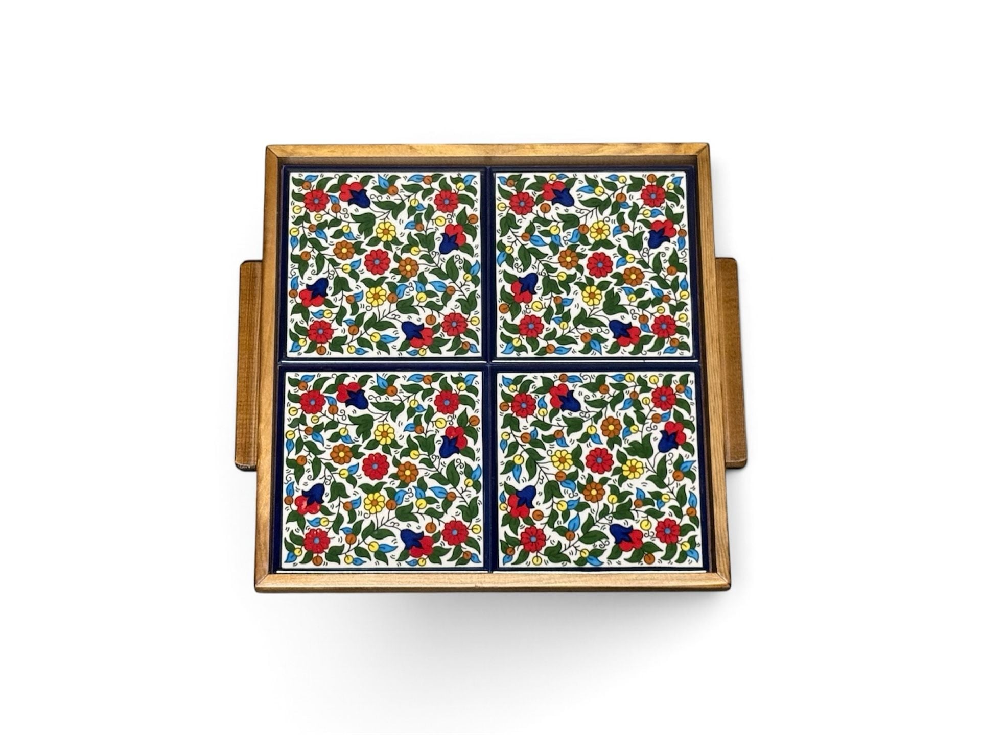 Hand-painted Ceramic Tiled Tray With Wooden Surround Made in Bethlehem - , 1