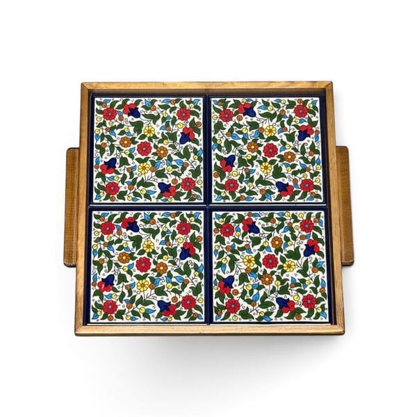 Hand-painted Ceramic Tiled Tray With Wooden Surround Made in Bethlehem - ,