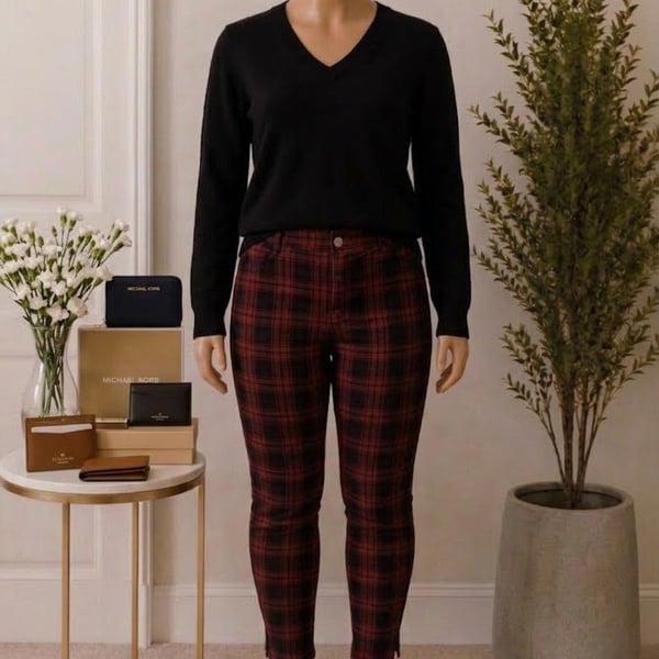 St. John's Bay Skinny Leg Pants Size 16 Red Black Plaid Tartan Corduroy