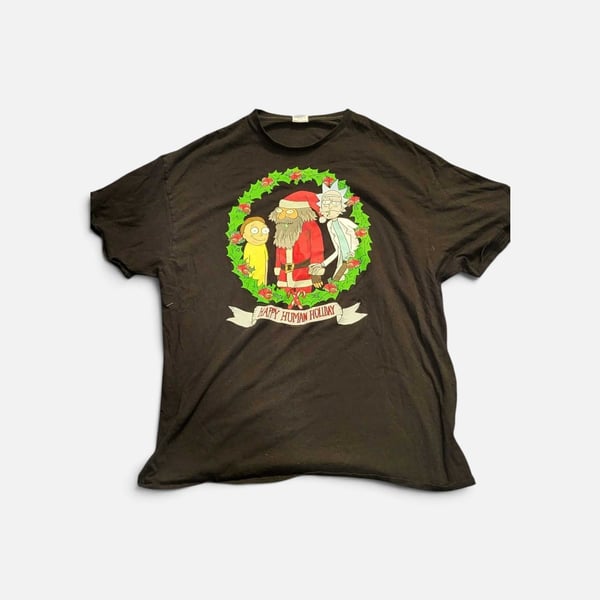 Rick And Morty Happy Human Holiday T-Shirt Size 2XL Black Christmas Tee