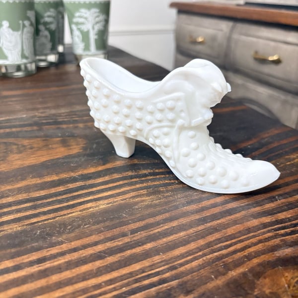 Fenton Milk Glass Hobnail Cat Slipper Figurine