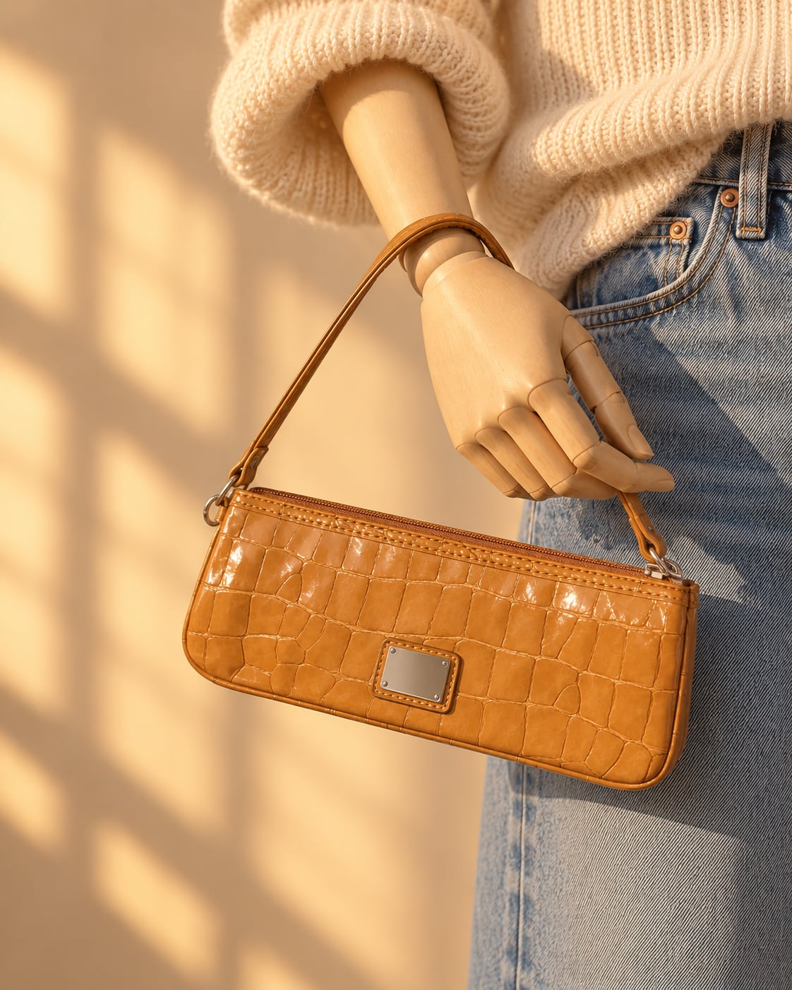 Liz Claiborne Y2K Croc Embossed Baguette Bag Tan 2000s Wristlet 2