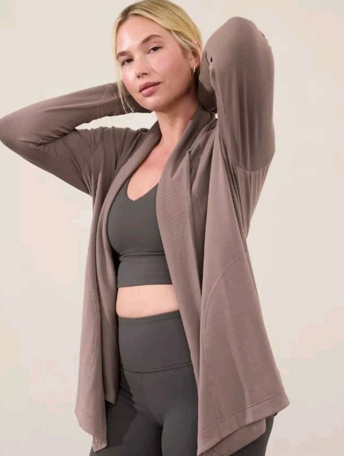Athleta Taupe Pyrite Pranayama Restore Wrap Open Front Cardigan Size S 2