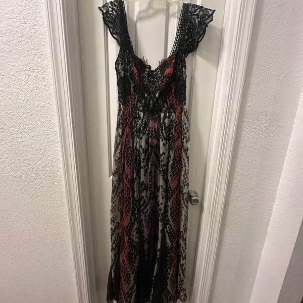 Free People Wild Hearts Maxi 2 Dress Multi Snake Boho Goth Beaded Lace