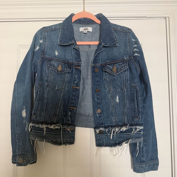 JBD Denim Jacket Size S Dark Wash Distressed Cropped Frayed Hem