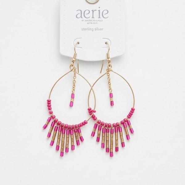 Aerie Beaded Fringe Hoop Earrings Pink Gold Tone New