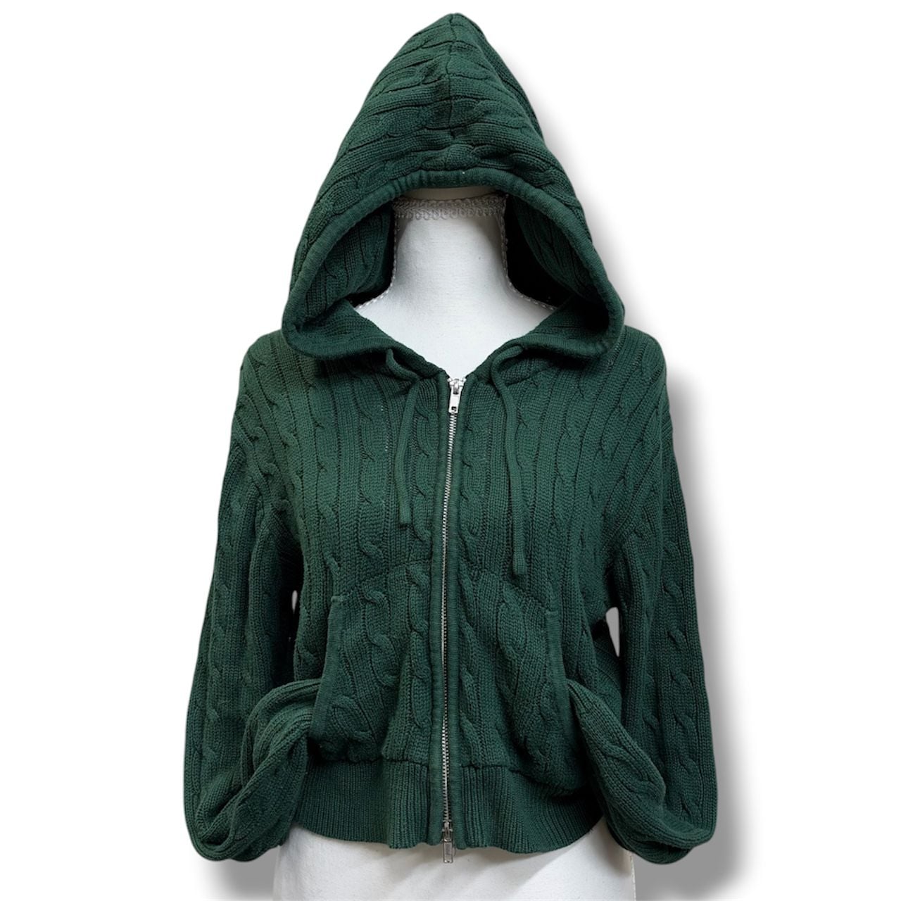 Brandy Melville Cable Knit Zip Up Hoodie Green 5