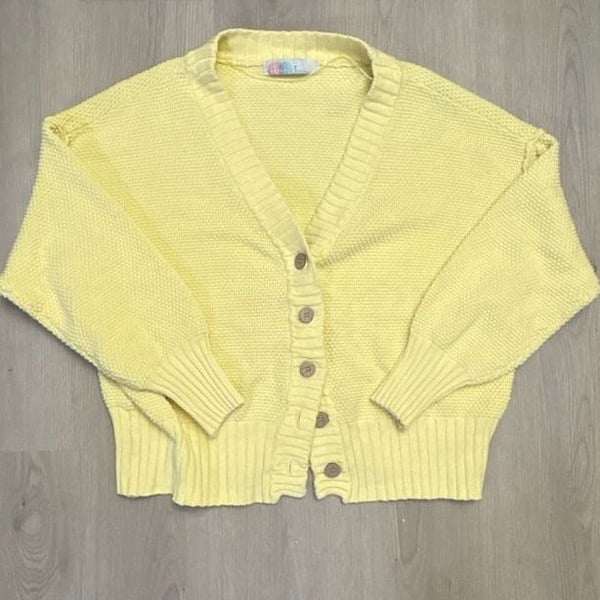 FP Beach Cardigan Size M Pastel Yellow Cotton V-Neck Button Up Knit Sweater