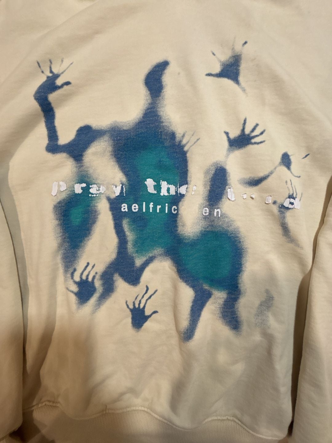 Aelfric Eden Pray The Lord Hoodie Medium Cream Blue Abstract Print Pullover 3