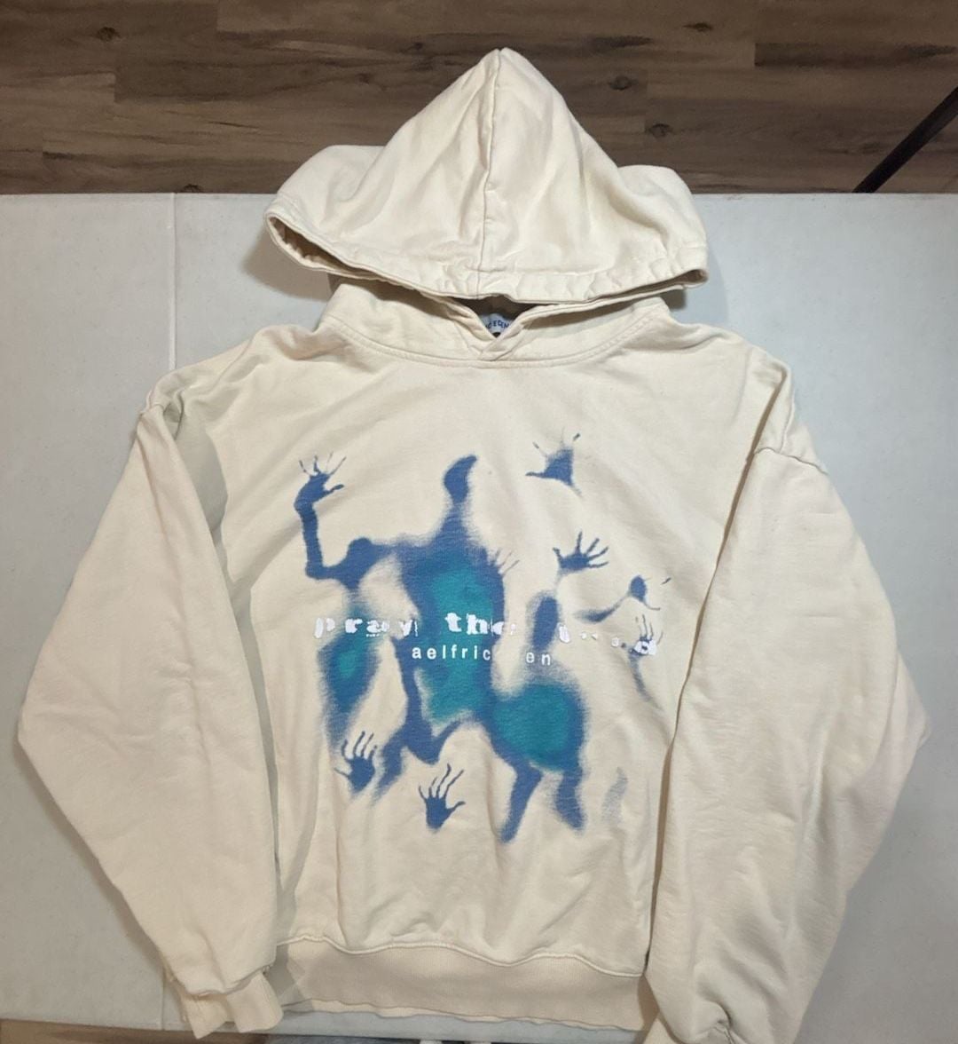 Aelfric Eden Pray The Lord Hoodie Medium Cream Blue Abstract Print Pullover 2