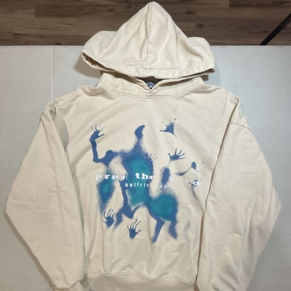 Aelfric Eden Pray The Lord Hoodie Medium Cream Blue Abstract Print Pullover