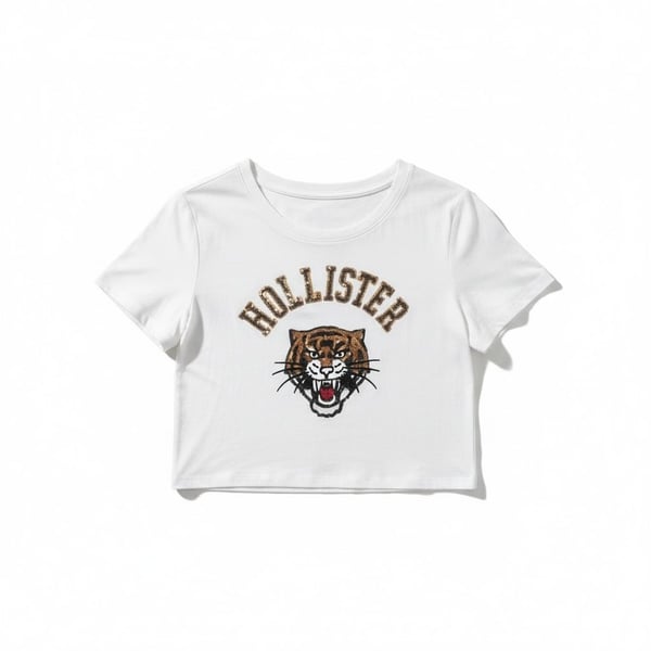 Hollister Sequin Tiger T-Shirt Size L White Short Sleeve