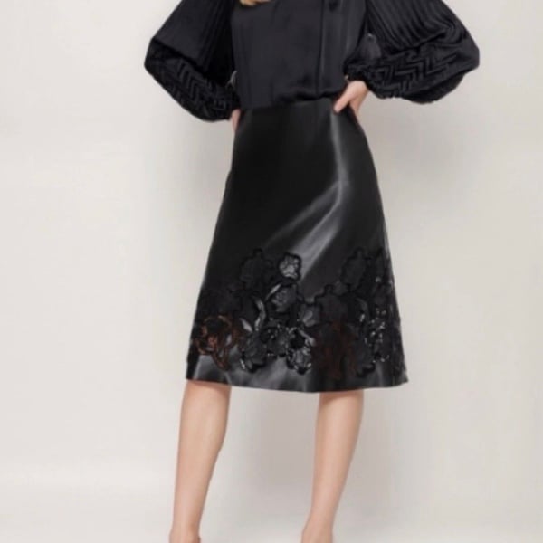 Johnny Was Jade Enid Vegan Leather Black Midi Skirt - Women's Size XL