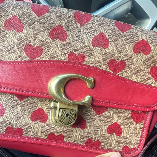 Coach Studio Shoulder Bag Signature Canvas Heart Print Red Leather