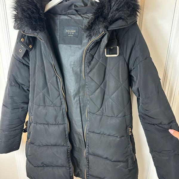 Zara Basic Puffer Jacket Size S Black Quilted Faux Fur Hood