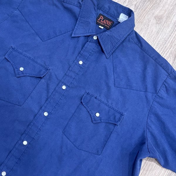 Plains Western Wear Western Shirt Size L Blue Short Sleeve Pearl Snap