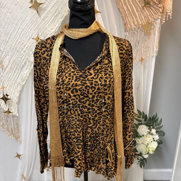 Time and Tru Leopard Peplum Blouse Size S 4-6