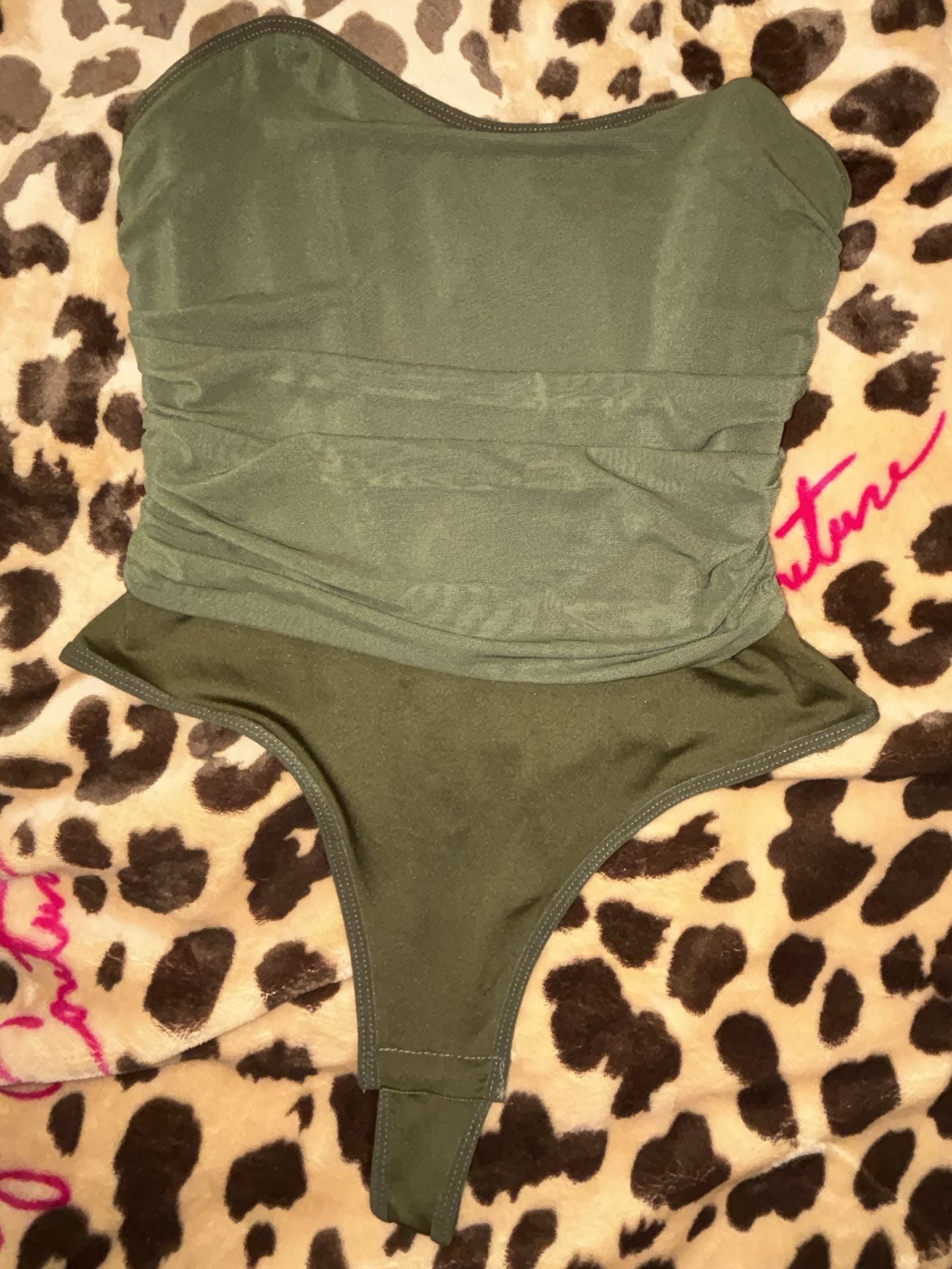 Fashion Nova Olive Green Ruched Strapless Bodysuit 2