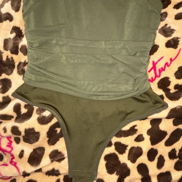 Fashion Nova Olive Green Ruched Strapless Bodysuit