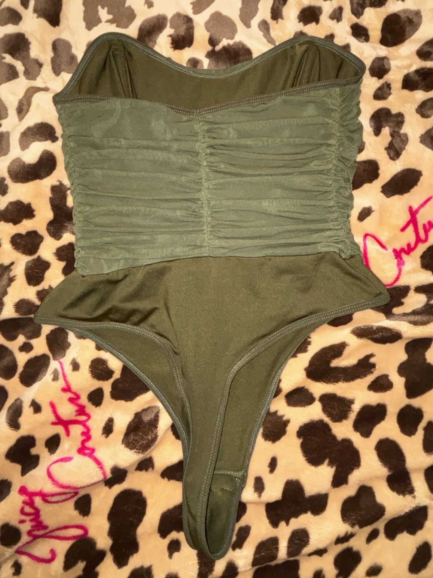 Fashion Nova Olive Green Ruched Strapless Bodysuit 3