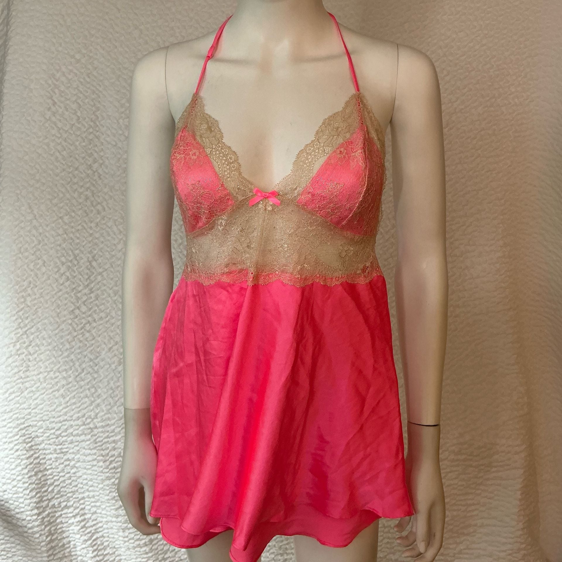 Victoria's Secret Halter Babydoll Size L Pink Satin Lace Sleepwear 2