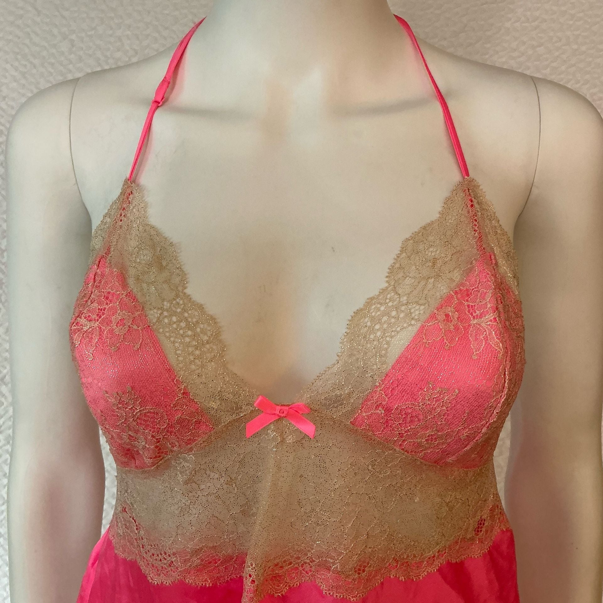 Victoria's Secret Halter Babydoll Size L Pink Satin Lace Sleepwear 4