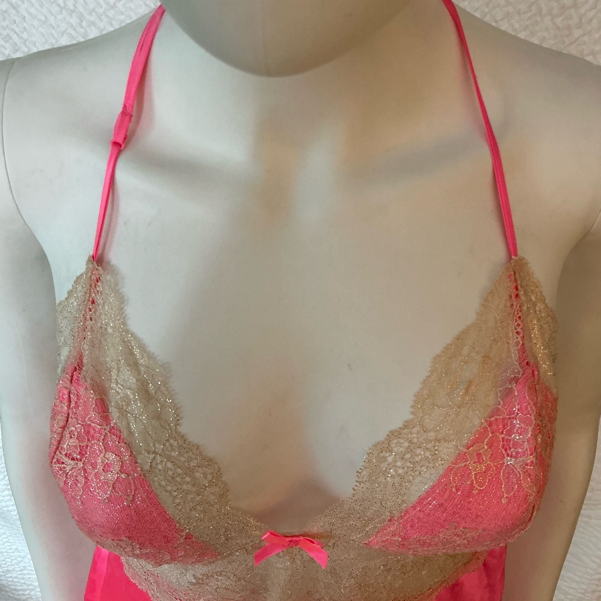Victoria's Secret Halter Babydoll Size L Pink Satin Lace Sleepwear 9