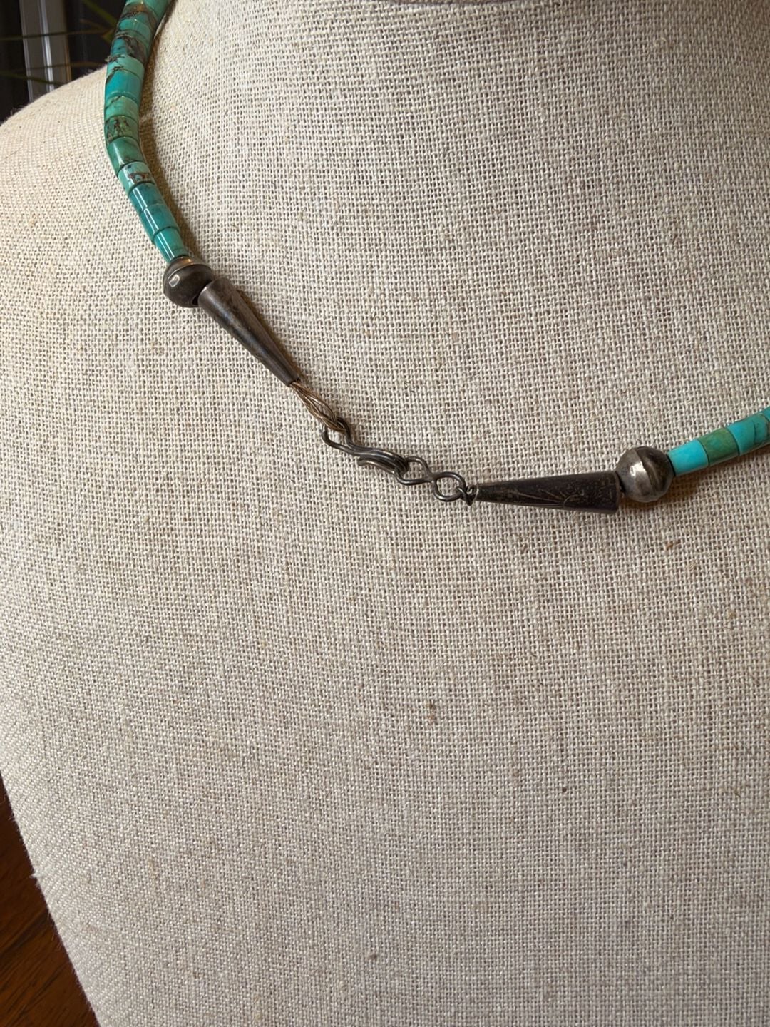 Vintage Native American Turquoise Heishi Bead Necklace with Jacla Pendant 4