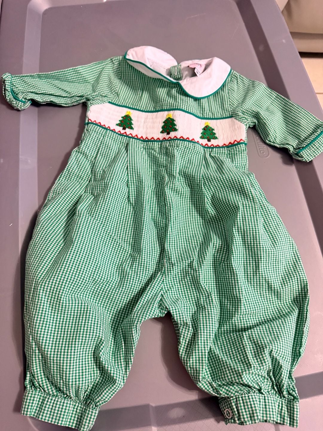 Shop Teeta Christmas Tree Smocked Romper Size 3M Green Gingham 2
