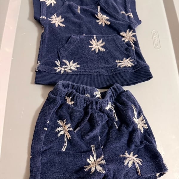 Old Navy Palm Tree Terry Outfit Size 0-3M Navy Blue Shorts Top