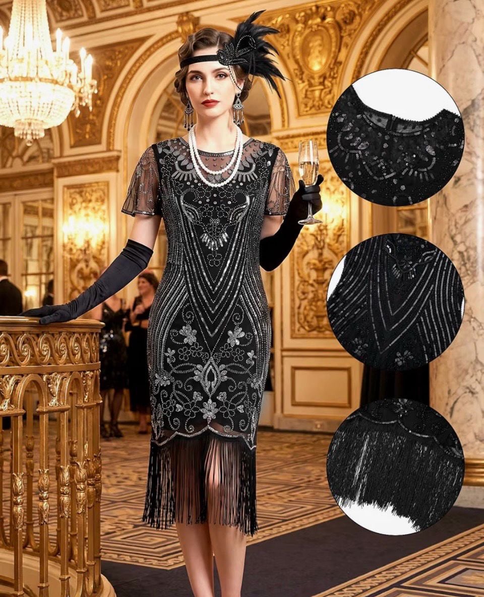 IDOPIP 1920s Flapper Dress Set Size S Black Silver Sequin Fringed 5
