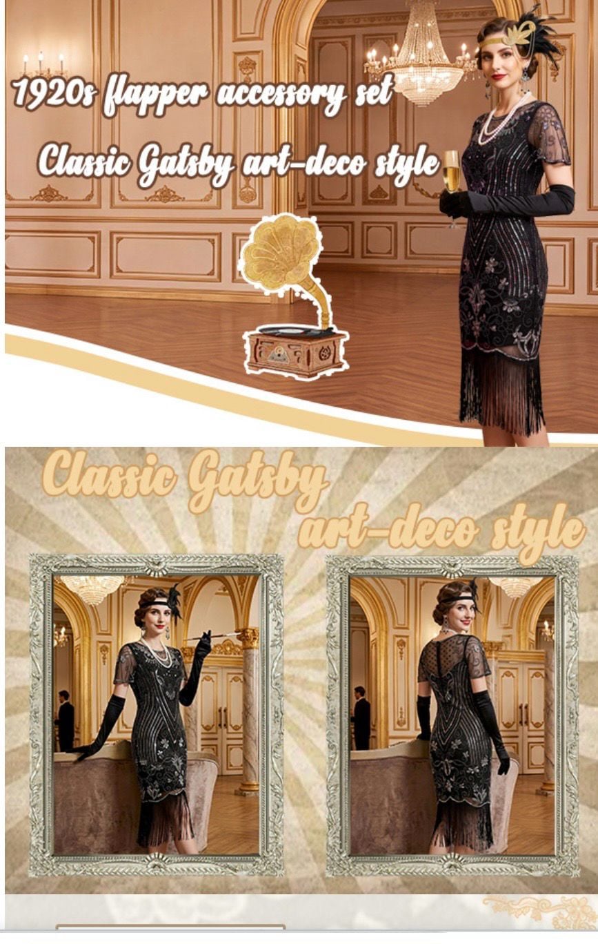 IDOPIP 1920s Flapper Dress Set Size S Black Silver Sequin Fringed 6