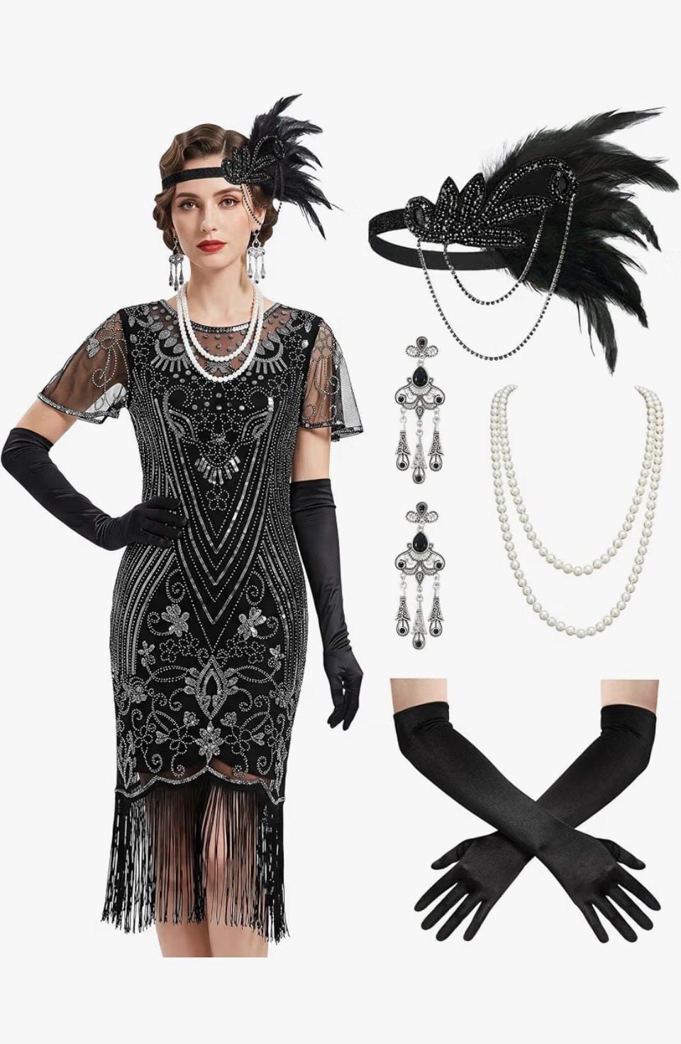 IDOPIP 1920s Flapper Dress Set Size S Black Silver Sequin Fringed 1