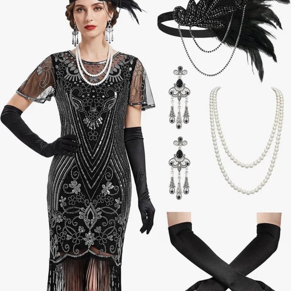 IDOPIP 1920s Flapper Dress Set Size S Black Silver Sequin Fringed