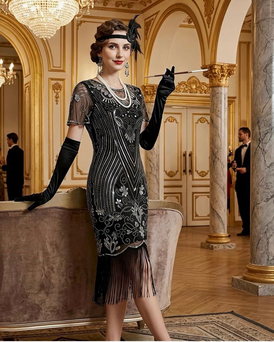 IDOPIP 1920s Flapper Dress Set Size S Black Silver Sequin Fringed 2