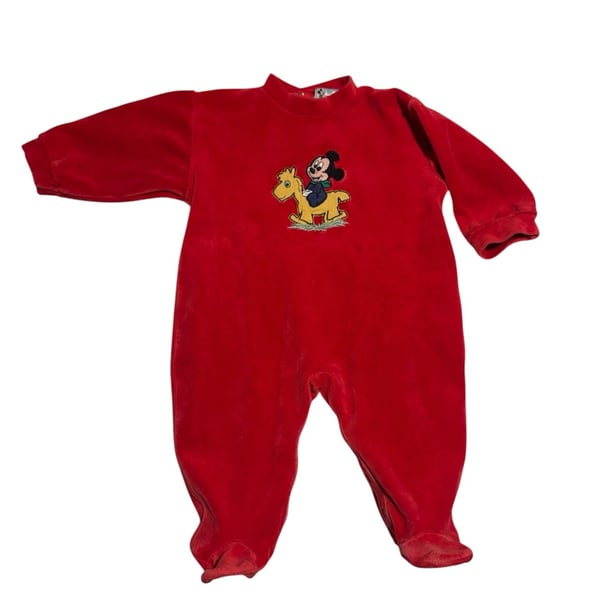 RARE Vintage 1980s 90s Absorba Disney Baby Mickey Mouse Red Velour Footie Sleeper Romper
