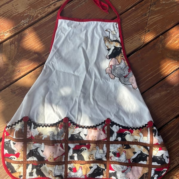 Vintage Farmhouse Animal Print Kitchen Apron or egg gathering apron Red White 