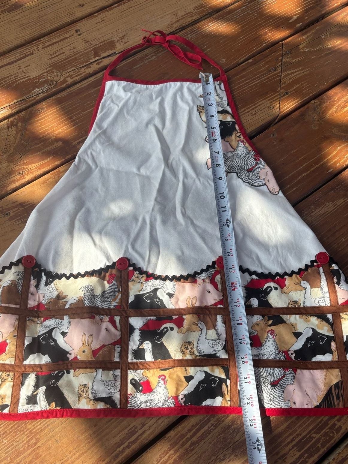 Vintage Farmhouse Animal Print Kitchen Apron or egg gathering apron Red White 4