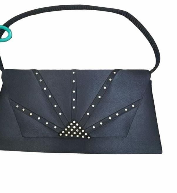 Jessica McClintock Satin Evening Bag Navy Blue Rhinestone Clutch Strap 2