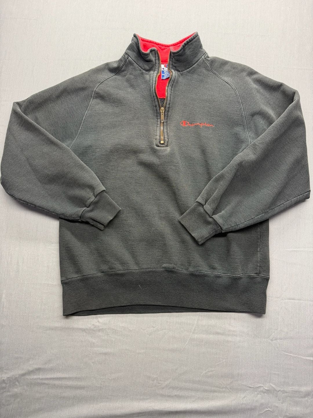 Champion Quarter Zip Sweatshirt Size M Grey Red Script Logo 2