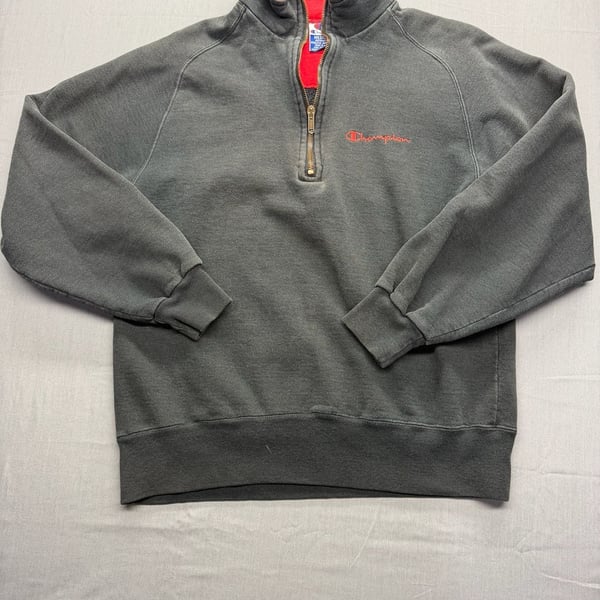 Champion Quarter Zip Sweatshirt Size M Grey Red Script Logo
