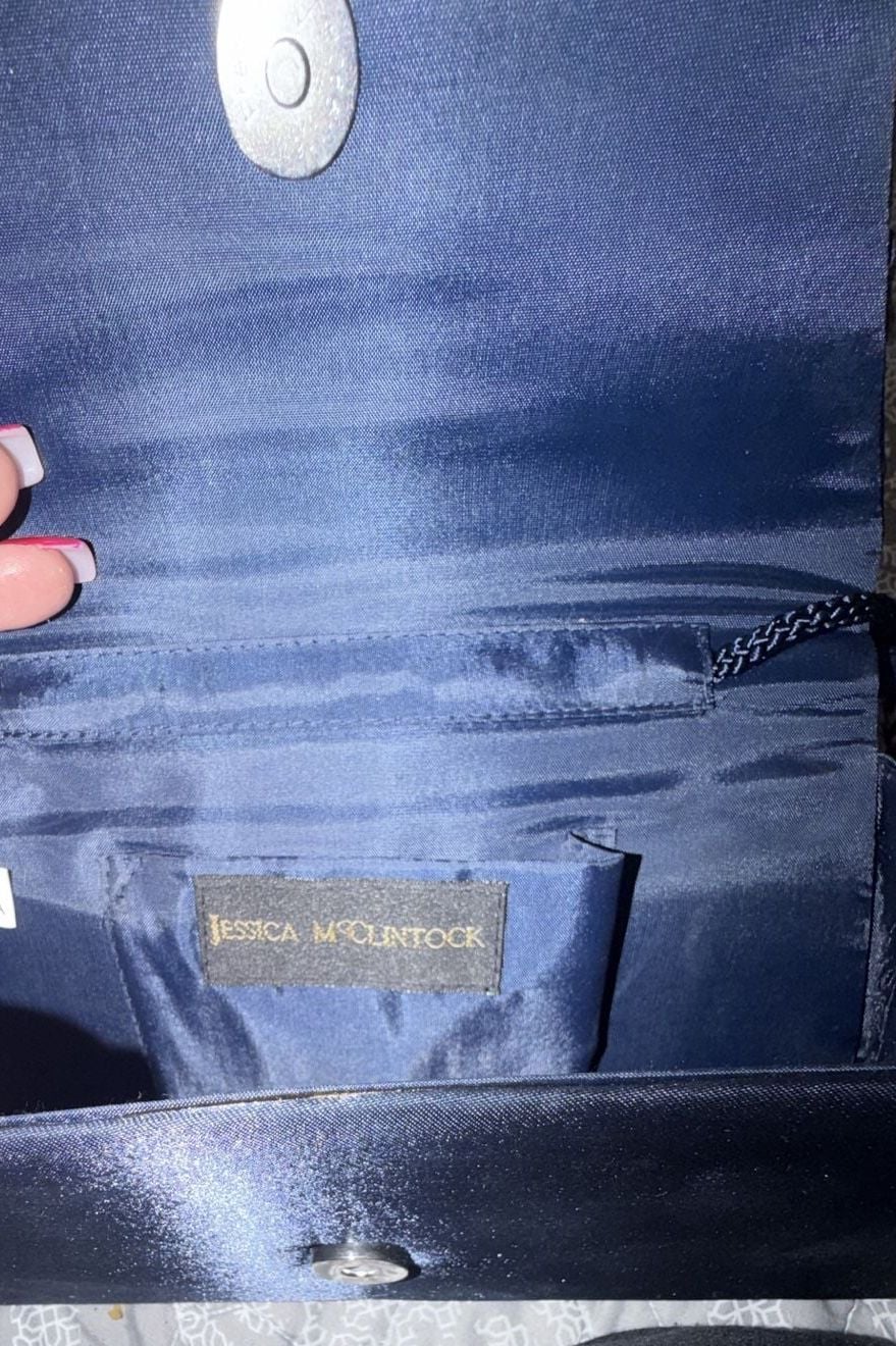 Jessica McClintock Satin Evening Bag Navy Blue Rhinestone Clutch Strap 5