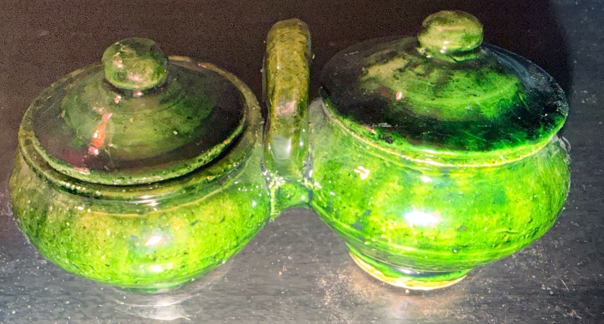 Vintage Green Glazed Double Jam Pot Condiment Jar Set 1