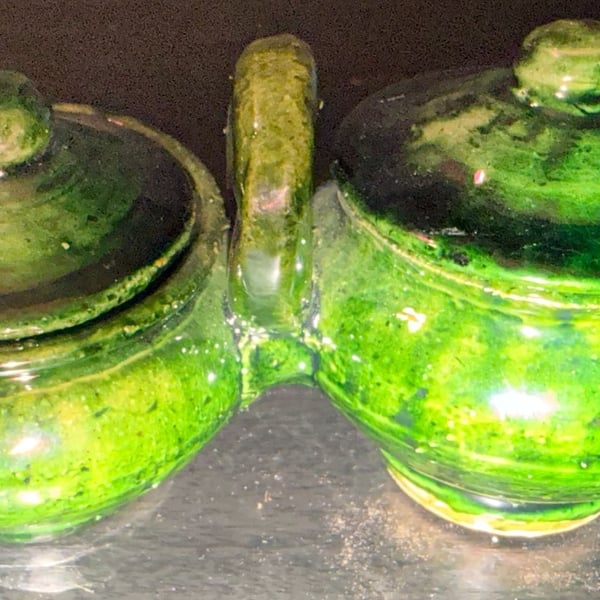 Vintage Green Glazed Double Jam Pot Condiment Jar Set